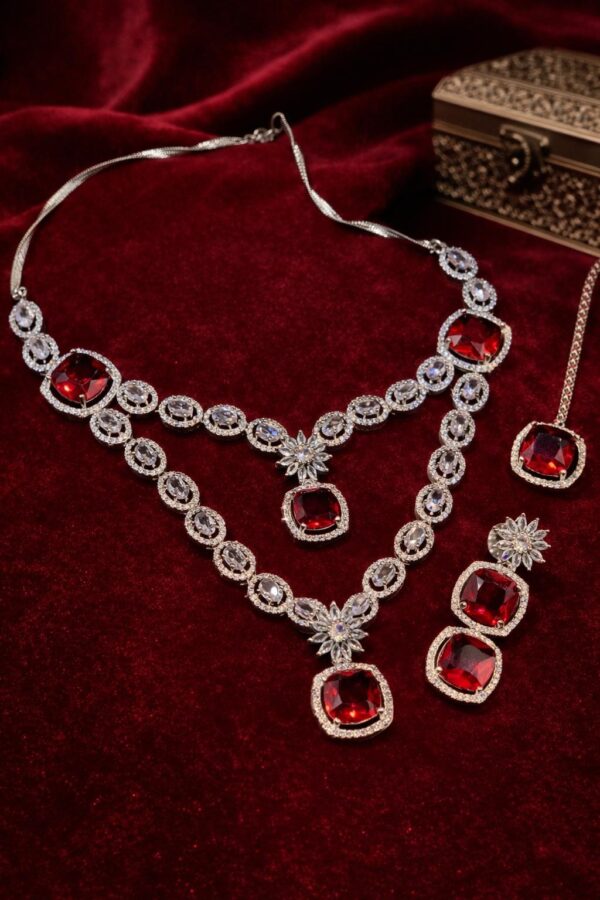 Indian American Diamond Zircon Double Layer Necklace Set